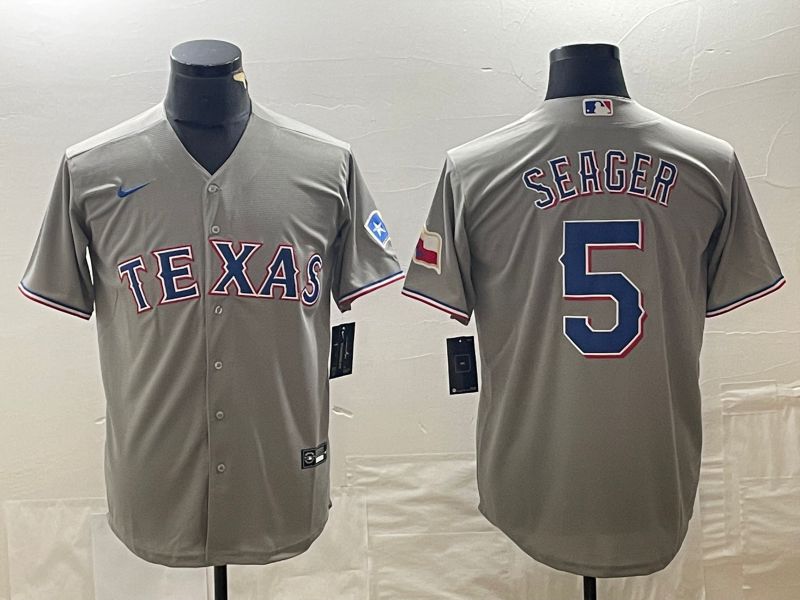 Men Texas Rangers 5 Seager Grey Game Nike 2023 MLB Jersey style 1